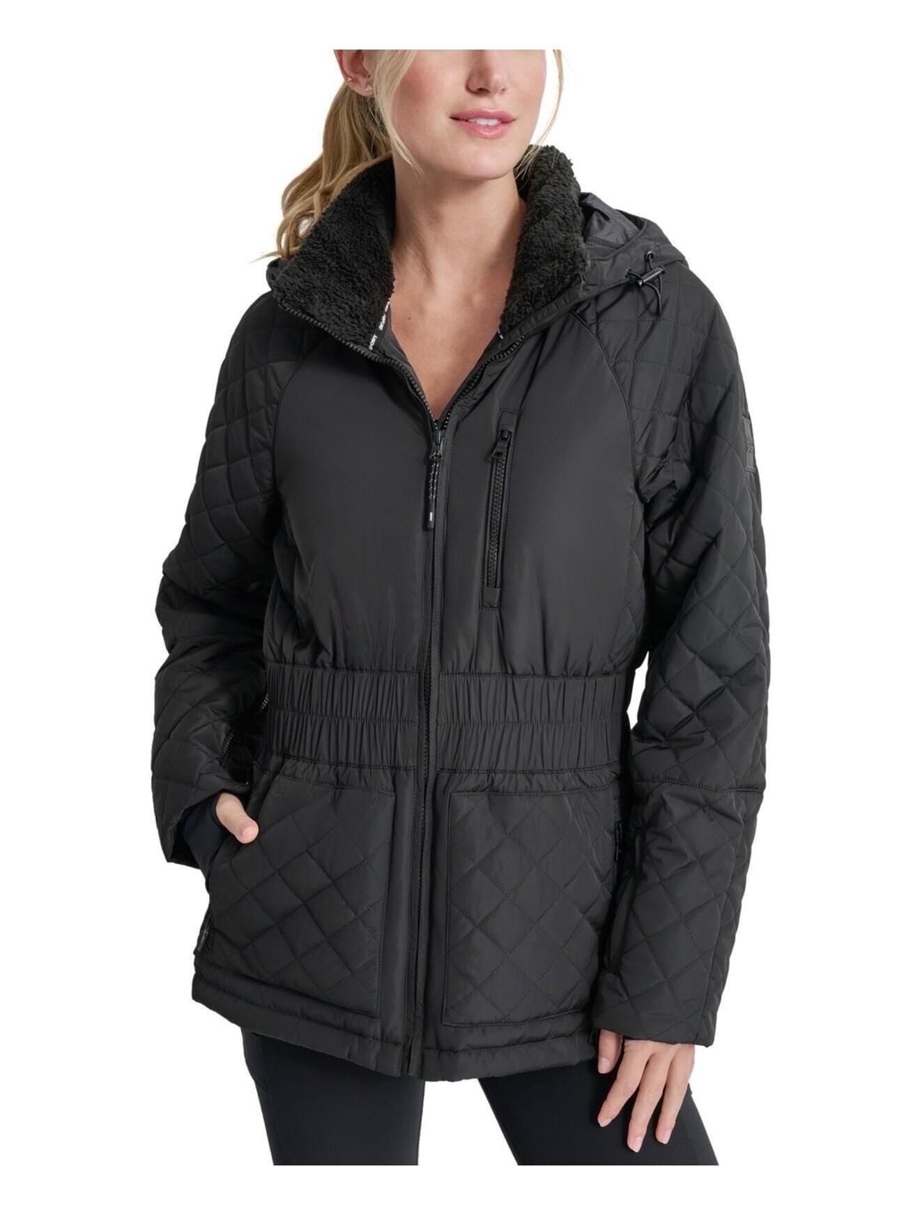 $179 Dkny Women's Quilted Elastic-Waist Hooded Zipper Jacket - Black S